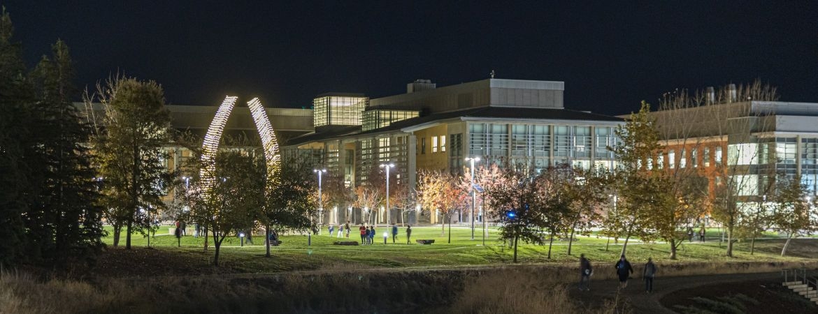 Wide image of Beginnings sculpture lit up and S&E building in the background.